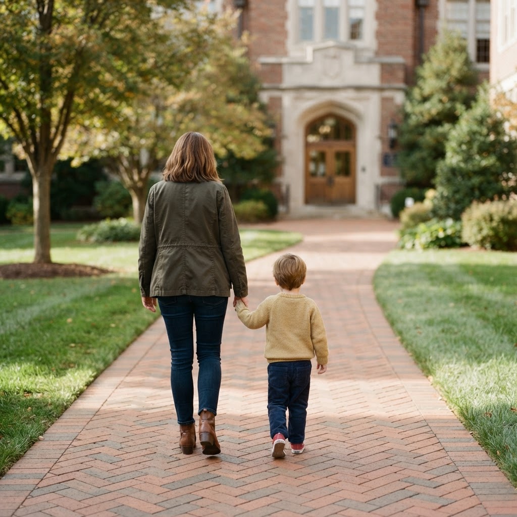 A parent and child walking toward a school entrance on a sunny morning