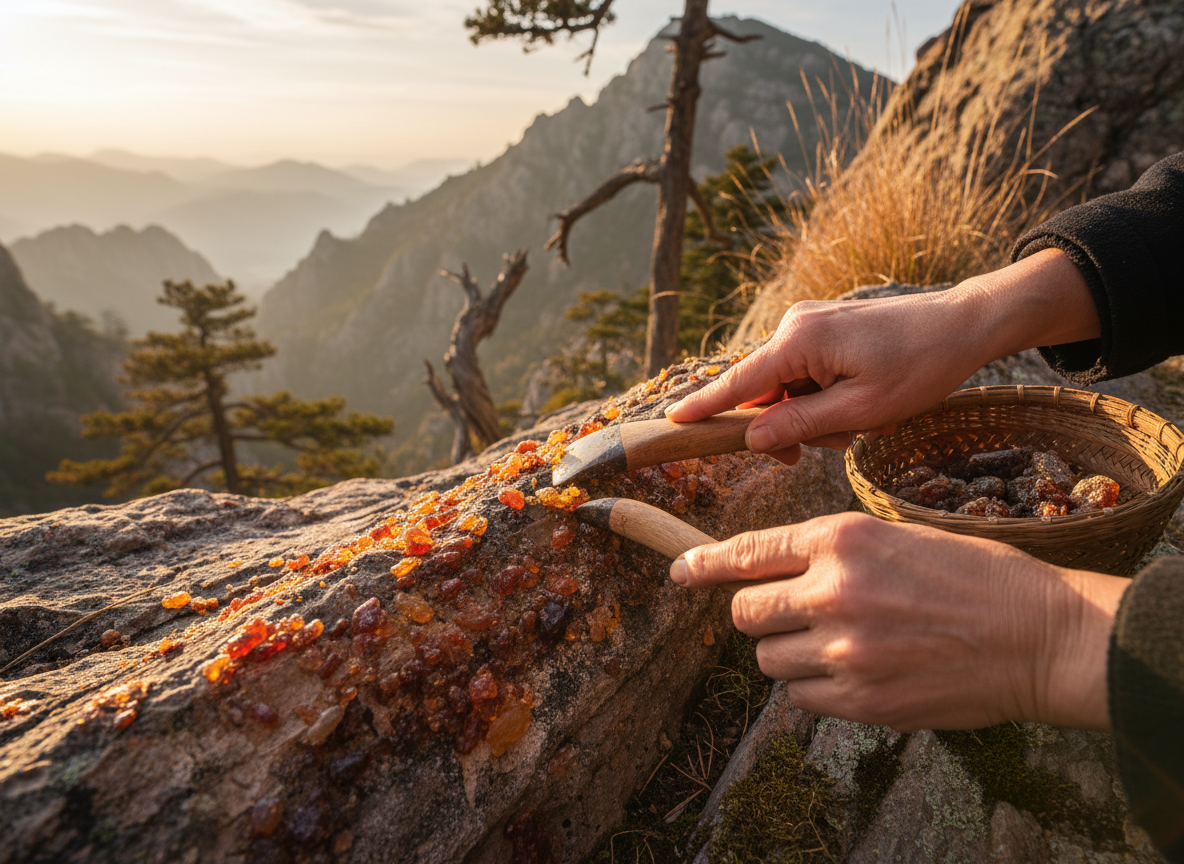 Récolte artisanale du Shilajit en montagne