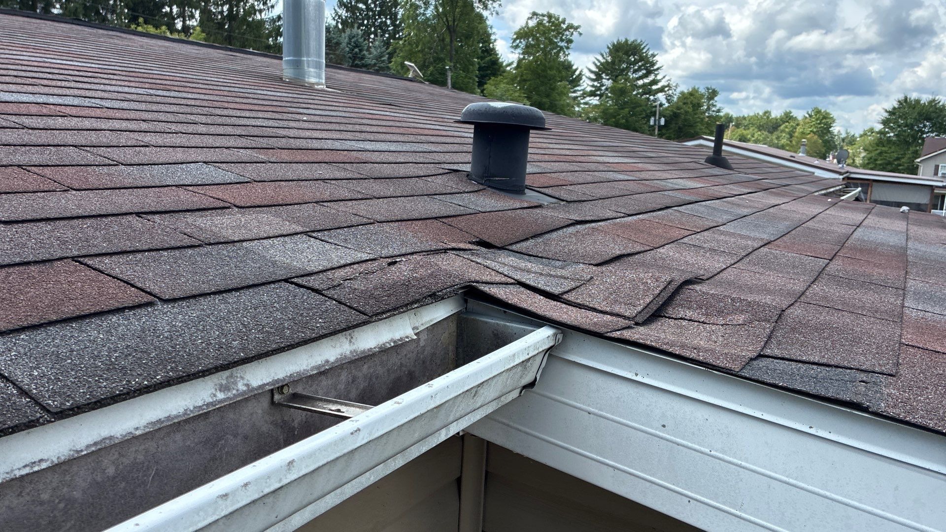 Damaged asphalt shingle roof with curled and lifting shingles