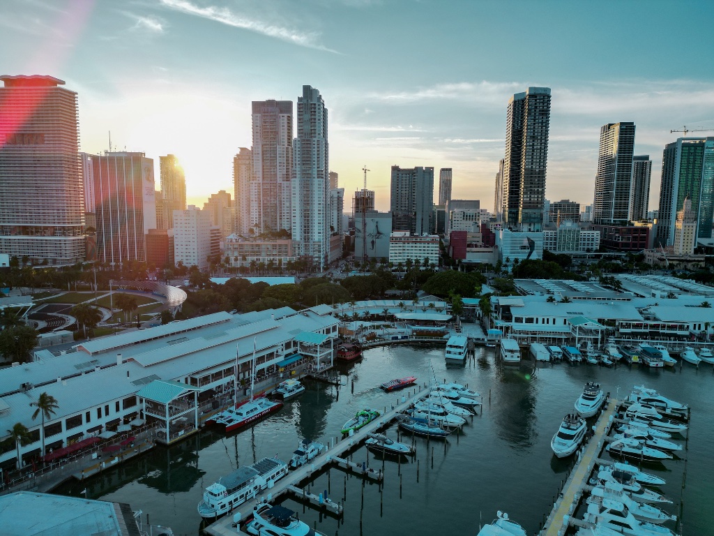 Aerial view of Miami skyline at sunset