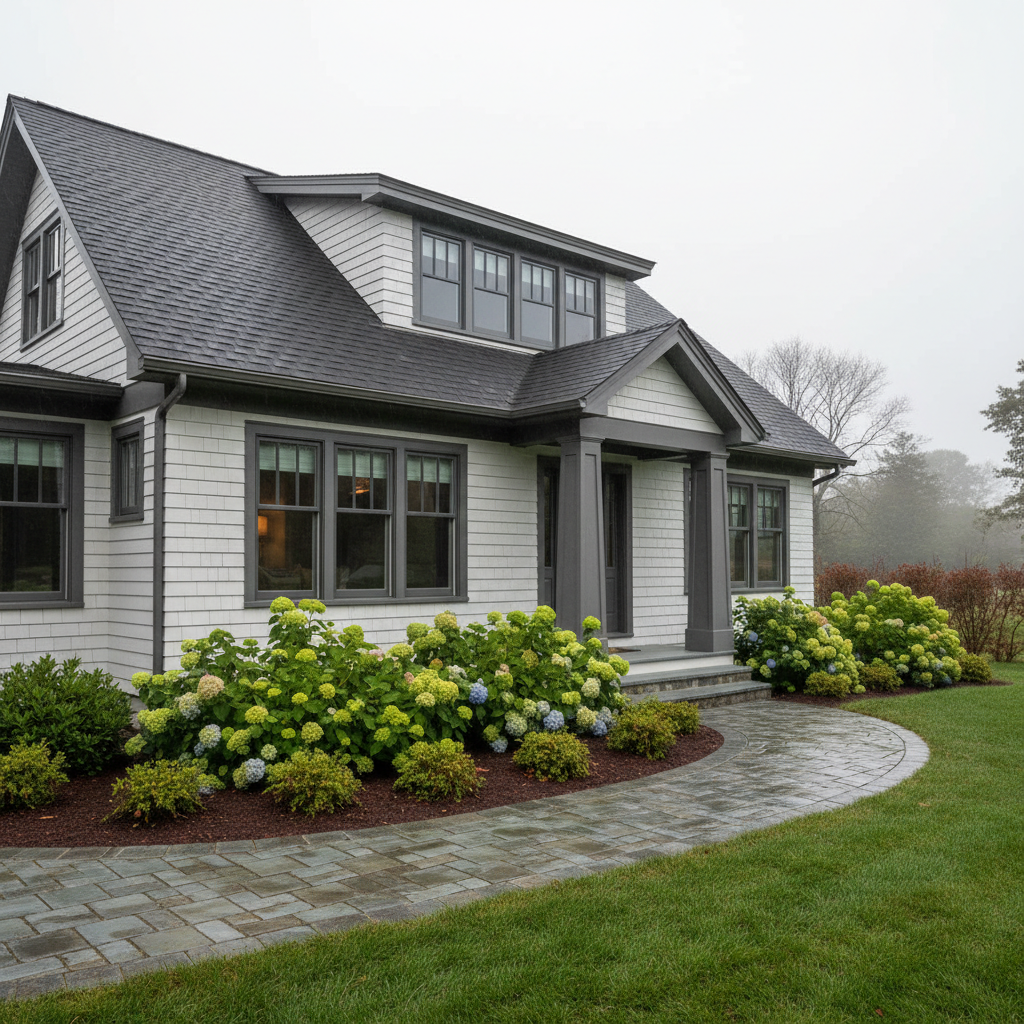 New England craftsman home with casement windows