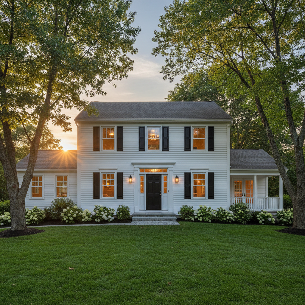 Renovated New England colonial home with new windows and entry door