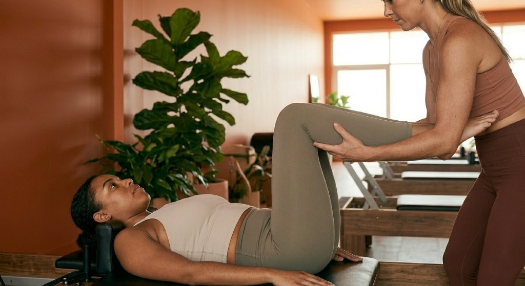 Clinical Pilates session, instructor guiding client on reformer