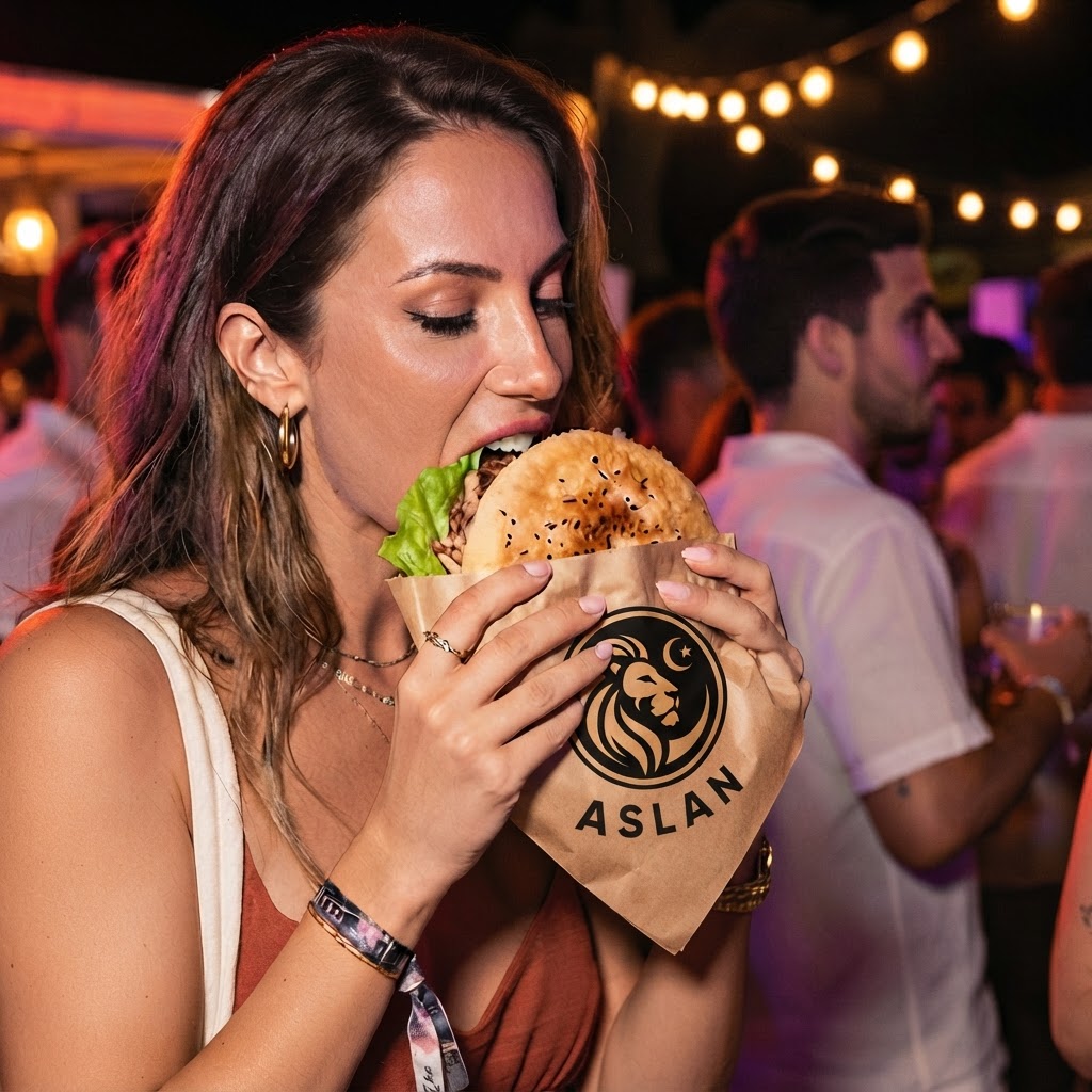 Döner Aslan envuelto en papel con logo