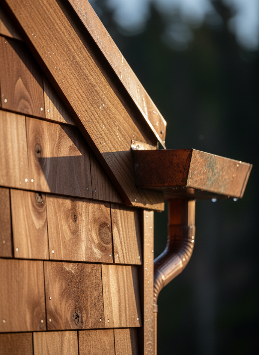 Premium cedar siding and copper gutter craftsmanship detail