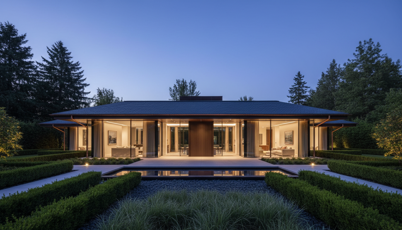Luxury home exterior at dusk with pristine roof and gutters
