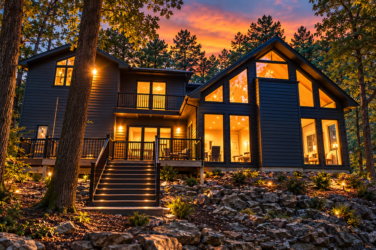 Modern lakehouse retreat at twilight with warm interior glow