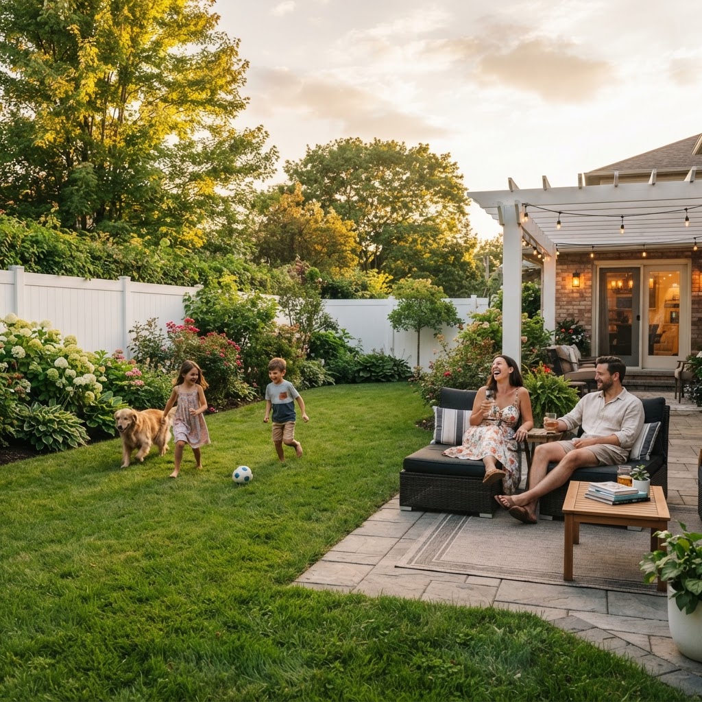 Family enjoying their backyard with a new white vinyl fence