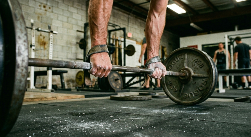 Man deadlifting heavy barbell in gym