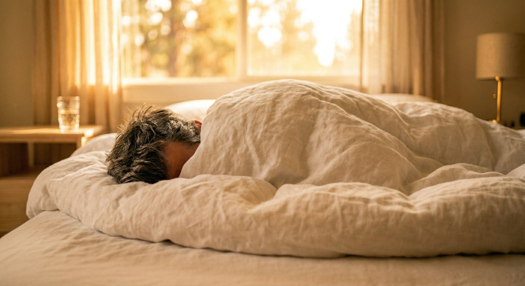 Man sleeping deeply in warm bedroom
