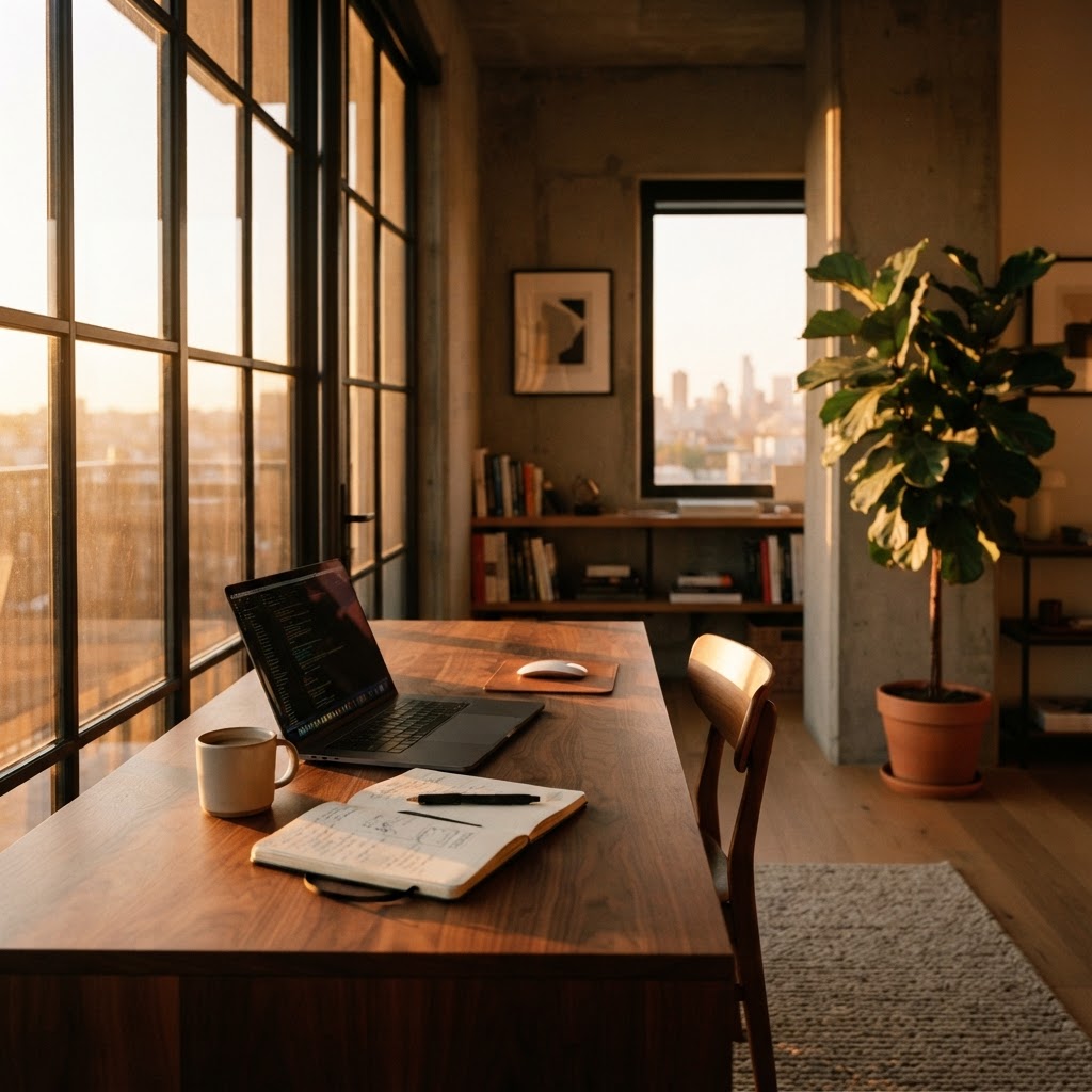 Founder's workspace at golden hour