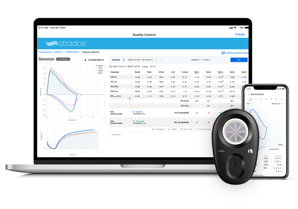 Air Next spirometer paired with the patient app and clinician-side quality control dashboard