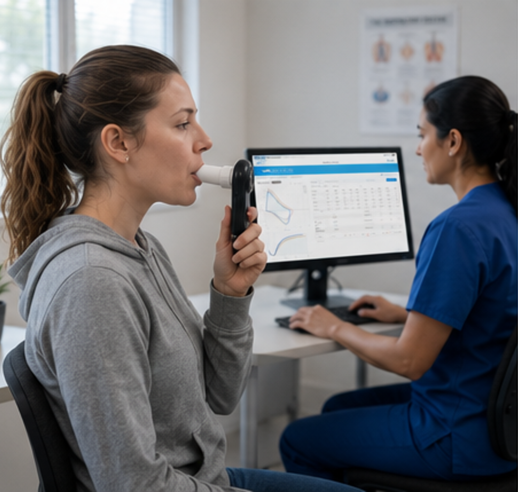 Patient performing site-based spirometry with the Strados Air Next while a technician reviews data on the Strados dashboard
