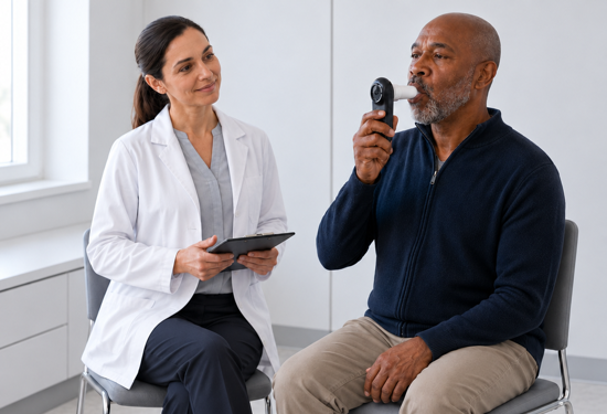 Clinician guiding a patient through an Air Next spirometry maneuver during a site visit