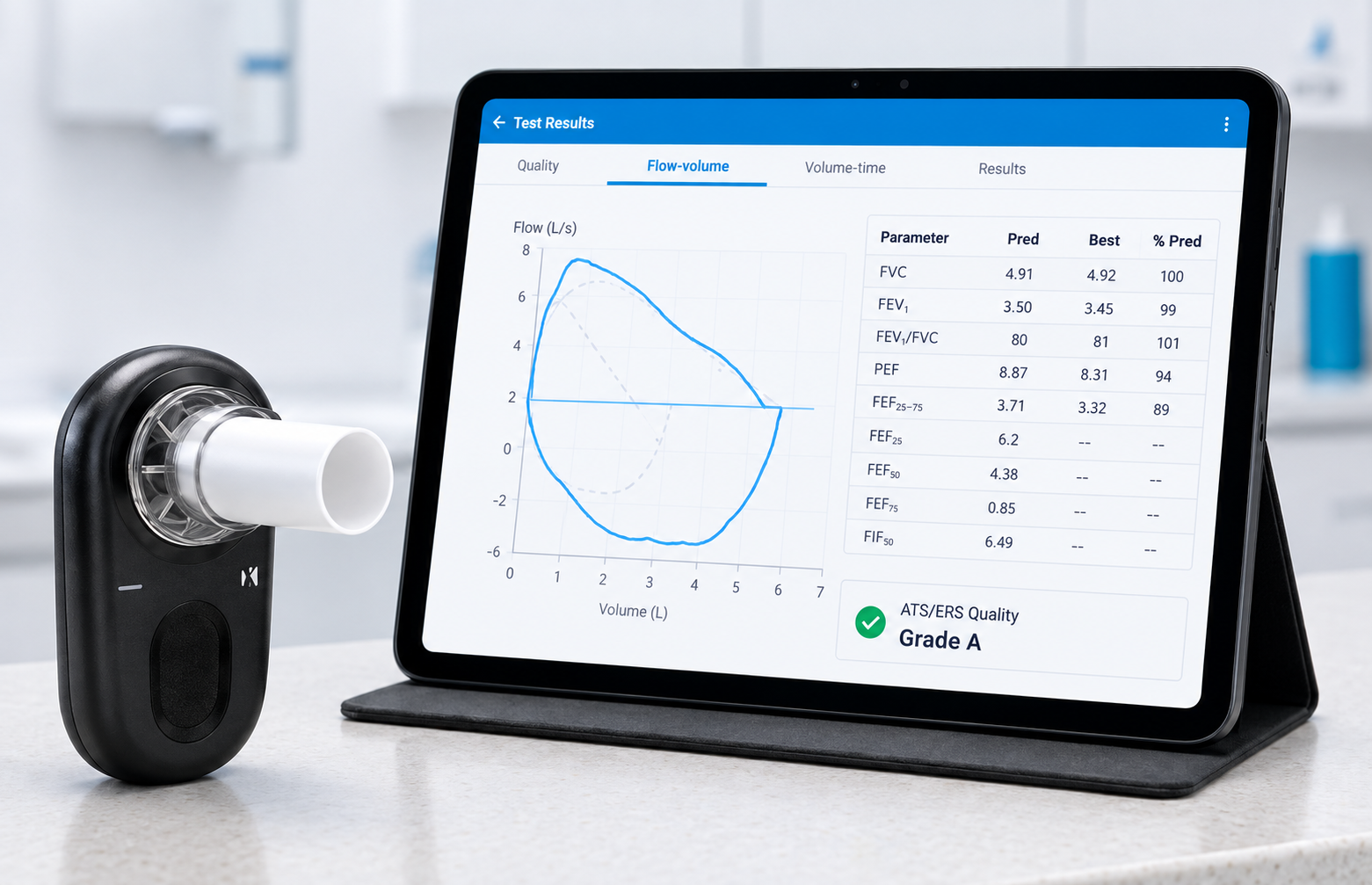 Air Next spirometer alongside a site tablet showing real-time flow-volume results and ATS/ERS quality grading