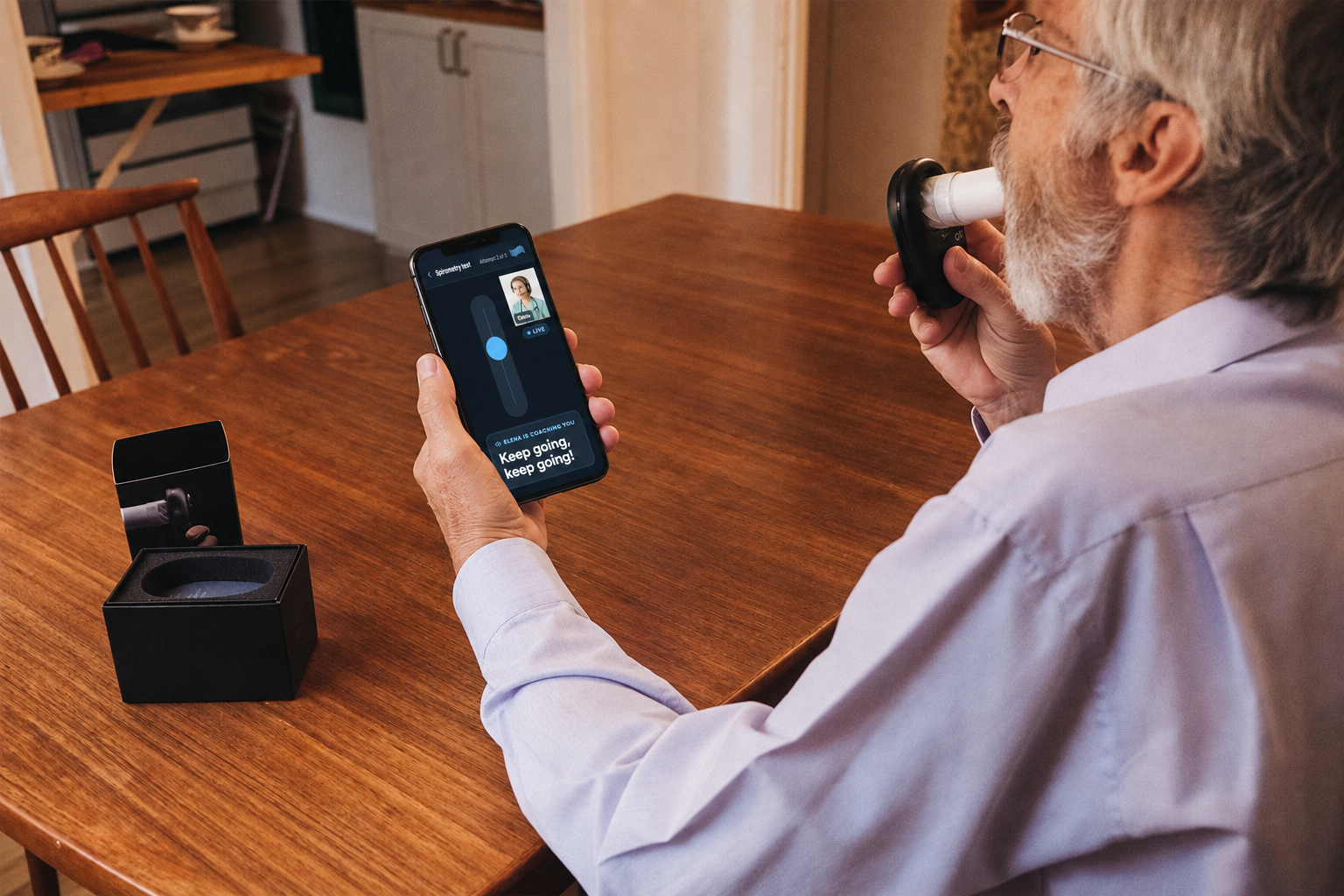 Patient performing a guided home spirometry maneuver with live coaching on the Air Next spirometer between site visits