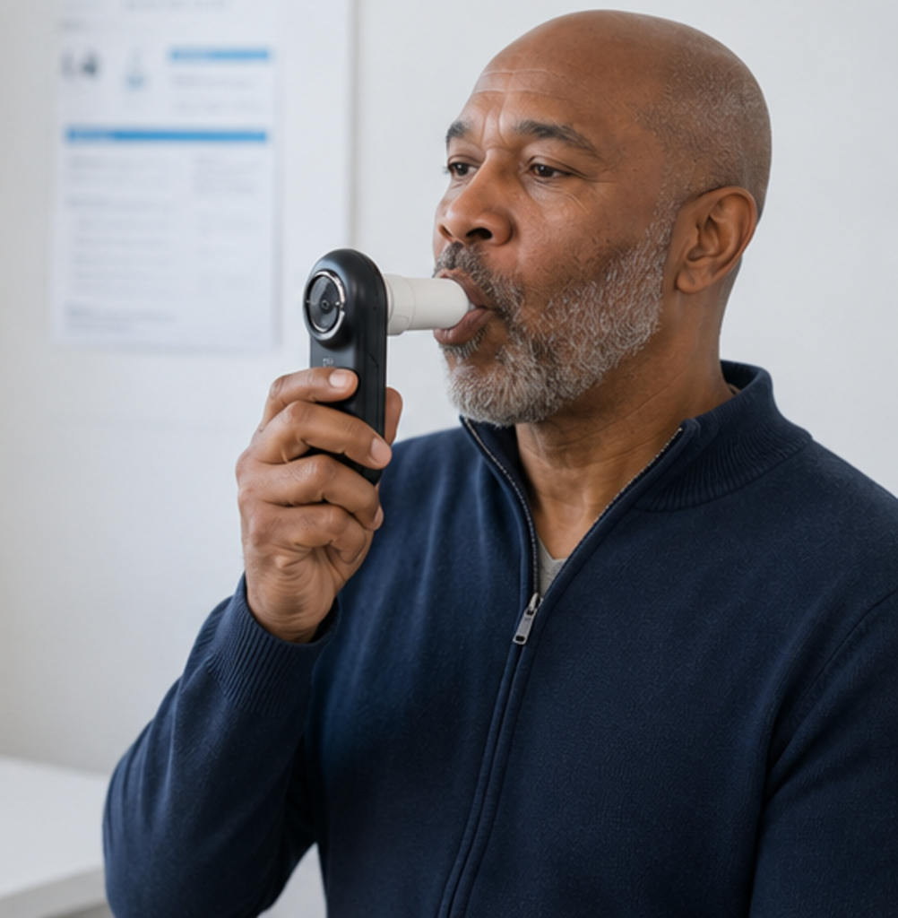 Patient performing in-clinic spirometry with the Strados Air Next at an investigator site