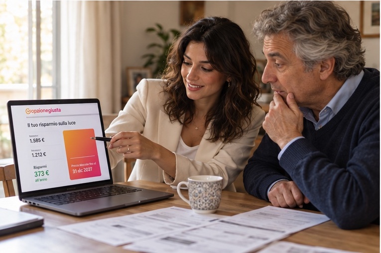 Una consulente mostra al cliente il risparmio calcolato sullo schermo