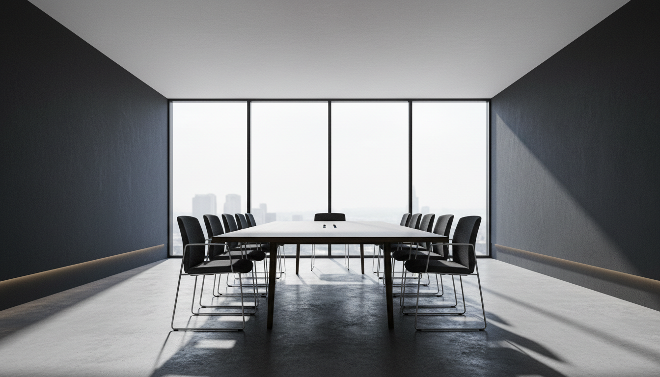 High-end minimalist boardroom with dramatic lighting