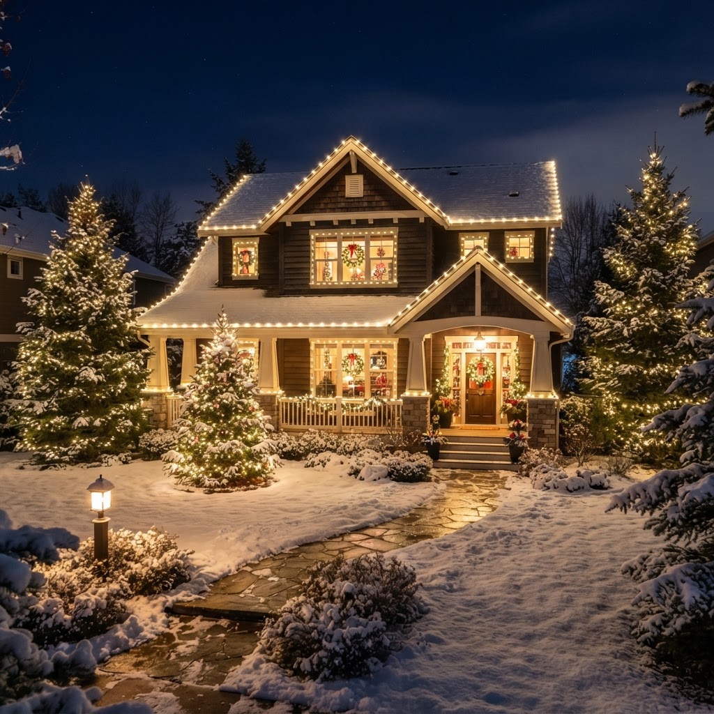 Home decorated with warm holiday lights