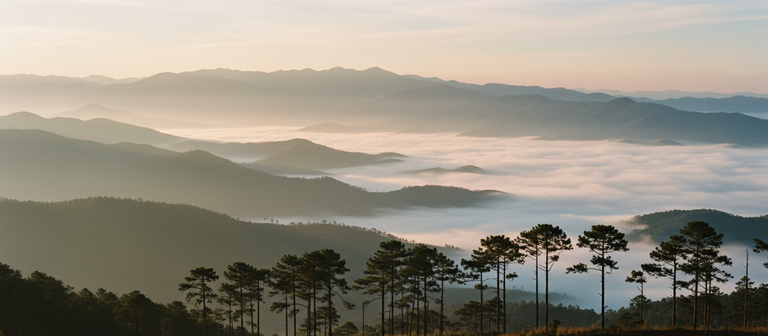 Misty mountain peaks at dawn over Dalat