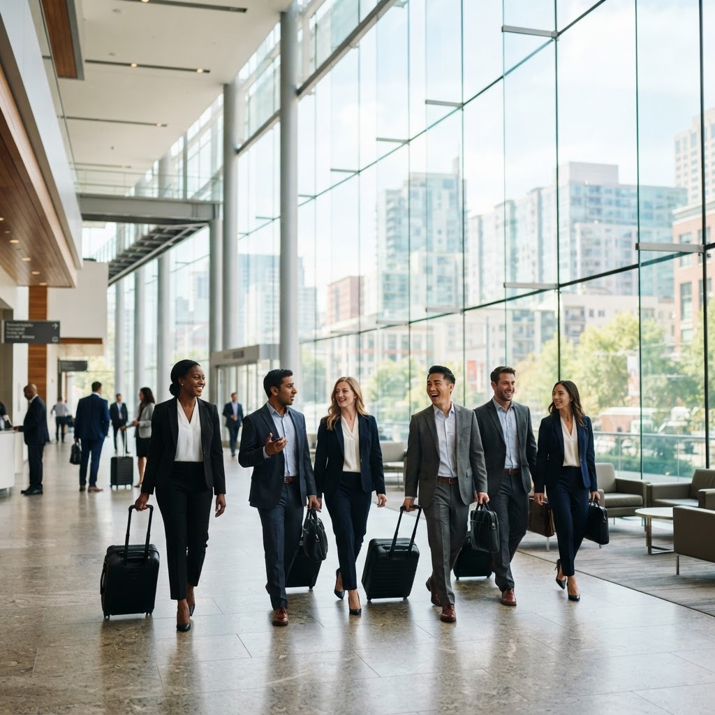 Corporate business group traveling through a modern glass lobby