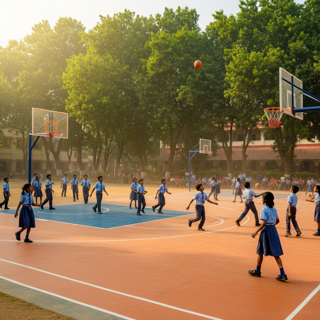 Students playing basketball on a newly built court in an Indian school