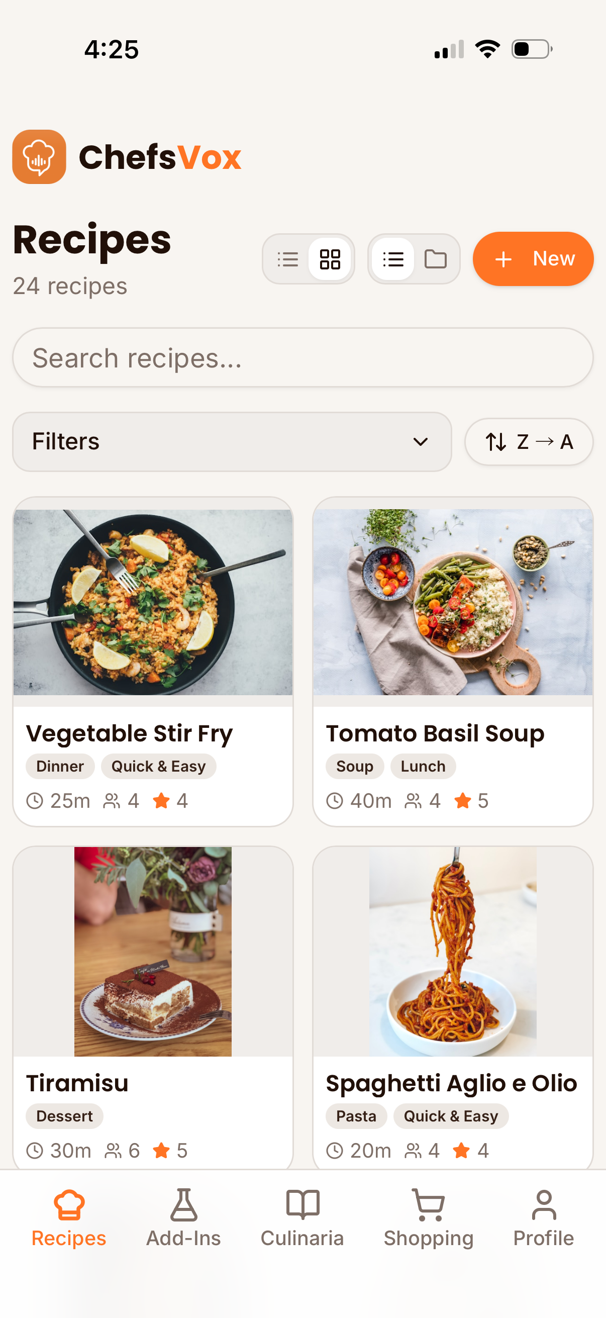 ChefsVox app showing a recipe card with voice-command controls and a side-by-side version comparison