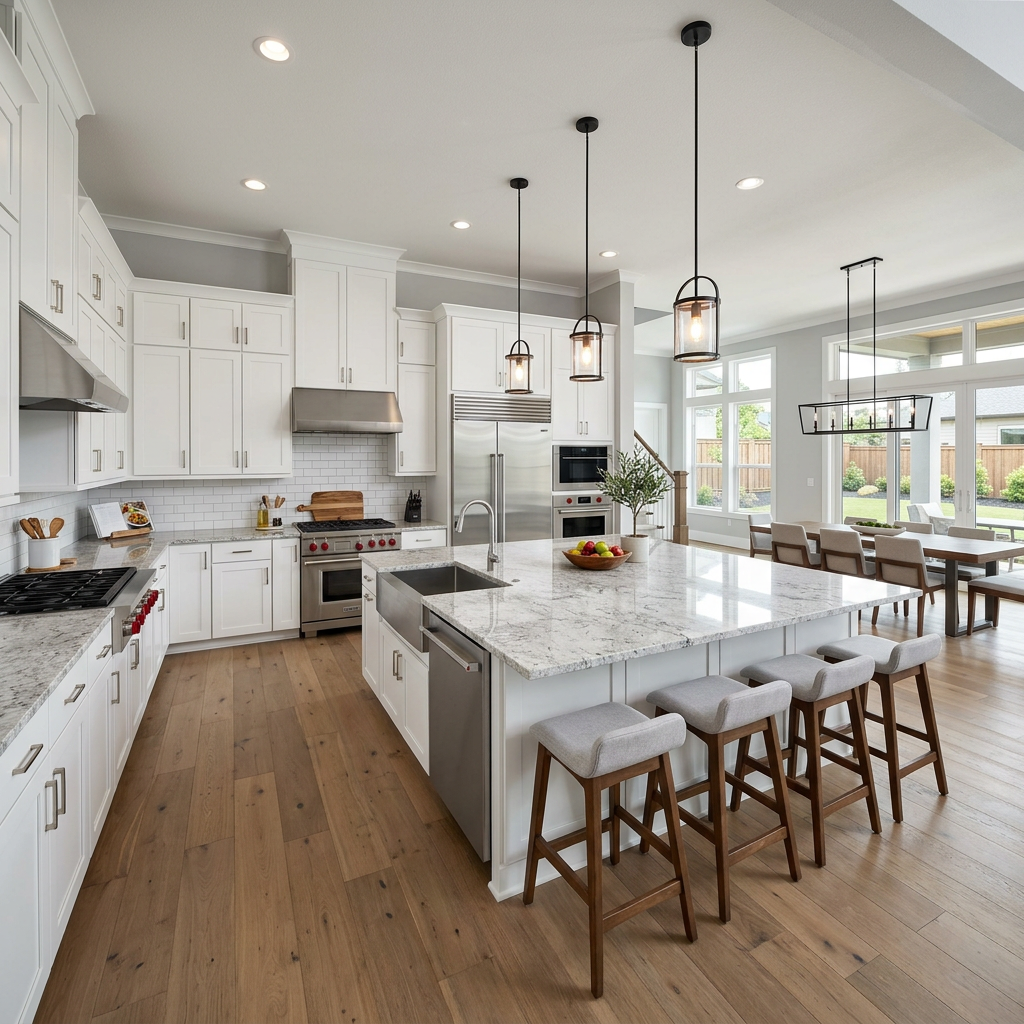 A bright modern kitchen with island and open layout