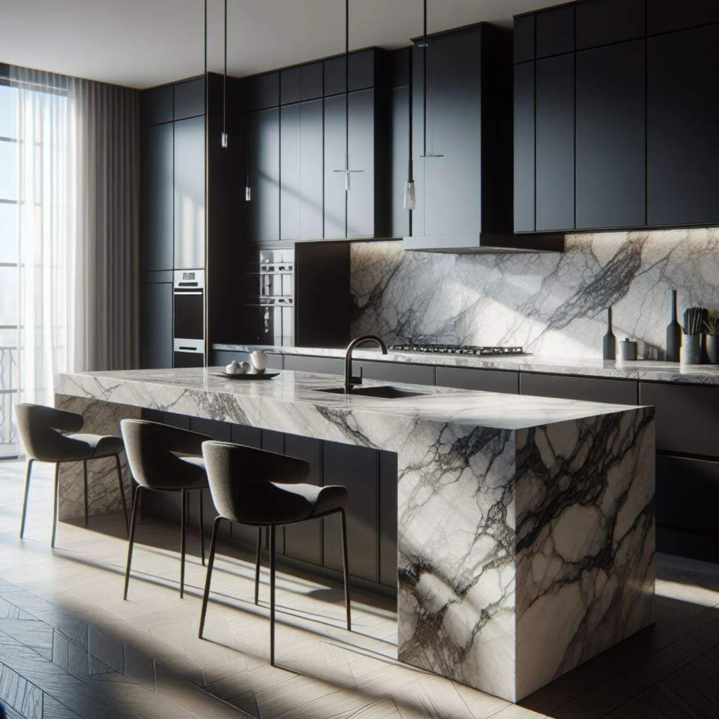 Luxury kitchen renovation with floor-to-ceiling black cabinets, dramatic marble waterfall island and pendant lighting in Dallas
