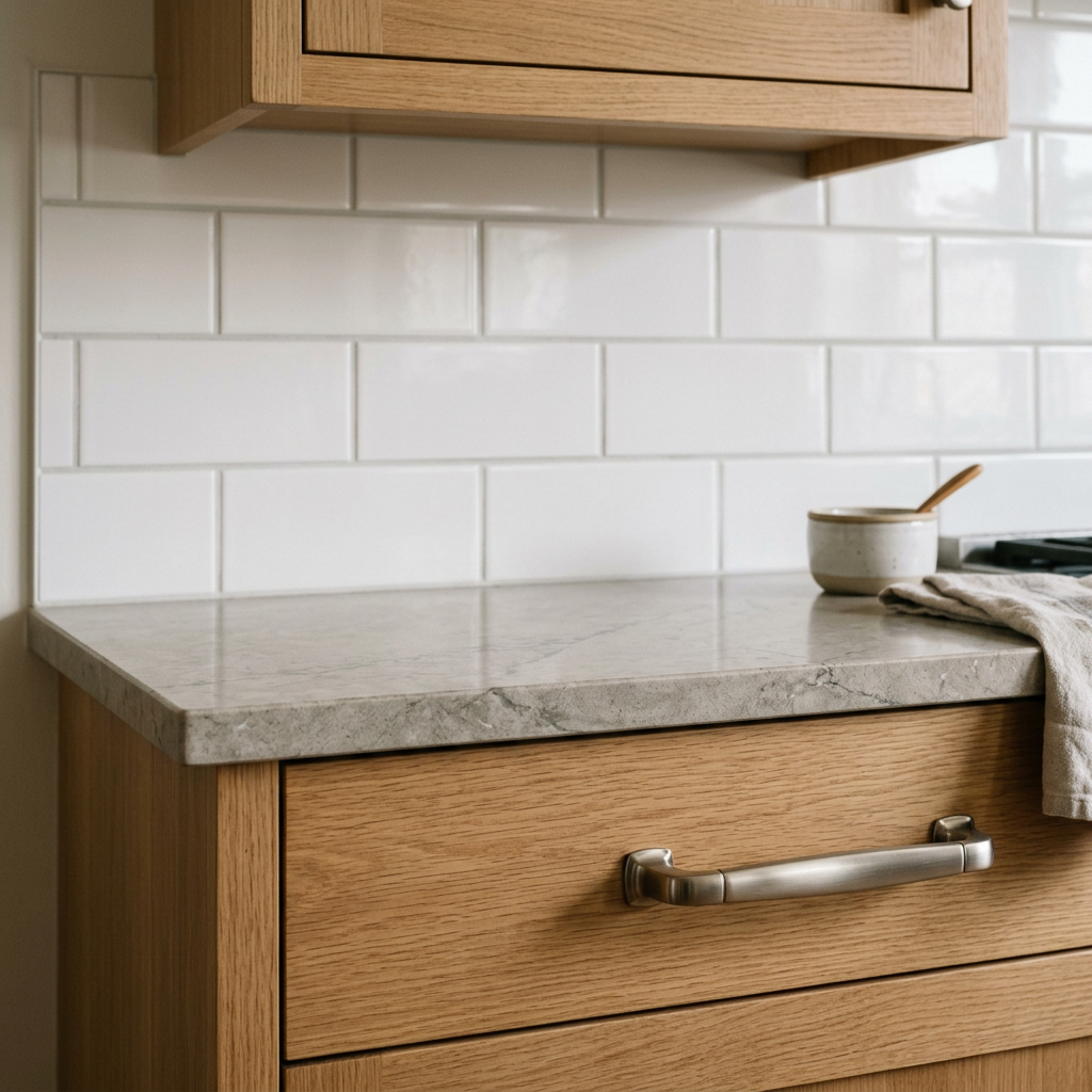 Close-up of quality kitchen materials - wood cabinetry, quartz countertops, and subway tile backsplash