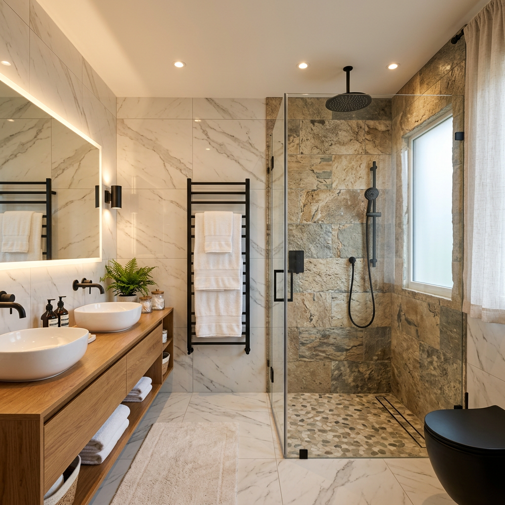 Luxury bathroom with rainfall shower and matte fixtures