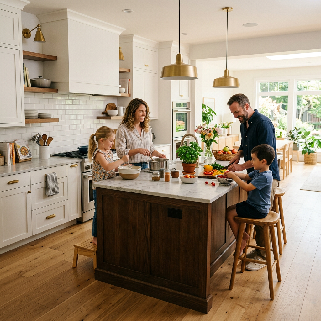 Family cooking together in a well-designed kitchen with white cabinetry and an open layout