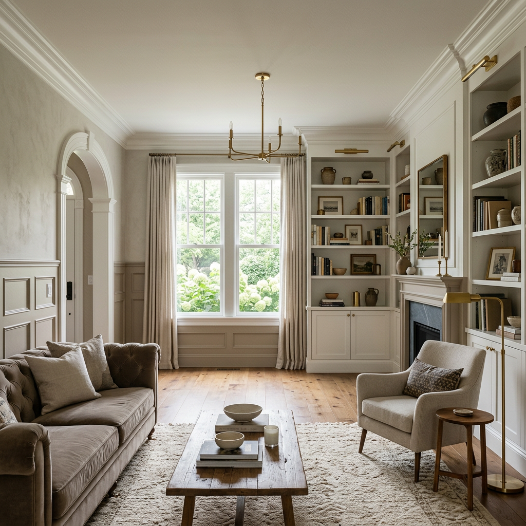 Room with elegant crown molding and wainscoting details
