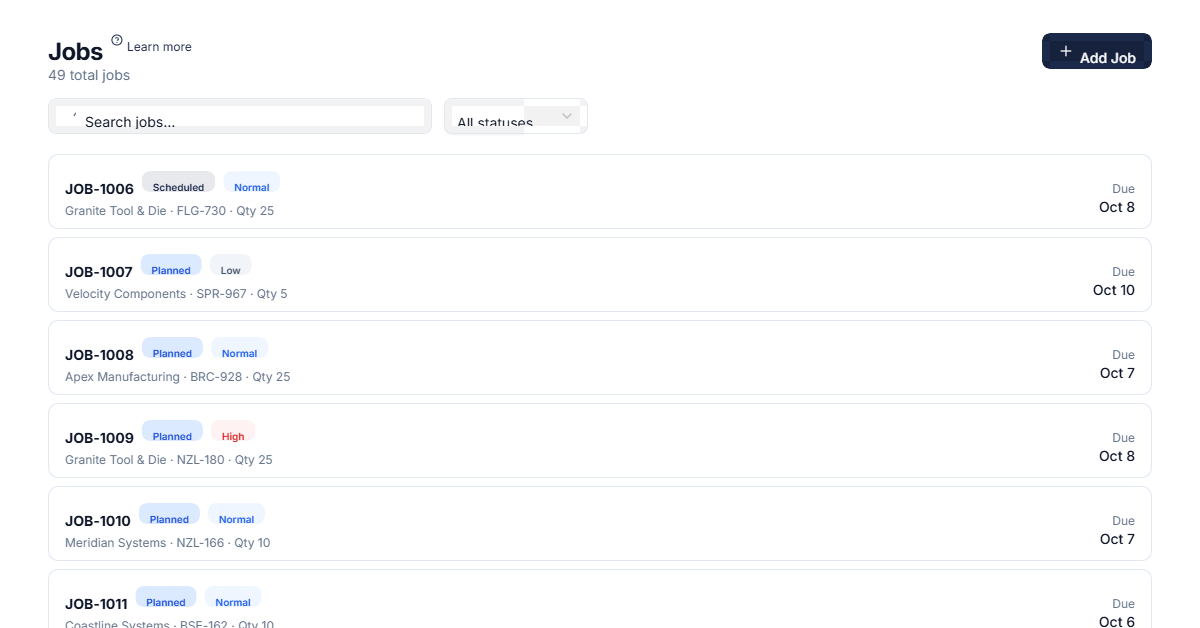 Jobs list screen