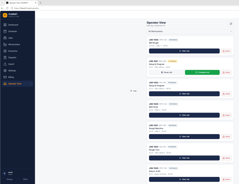 Operator view with job actions