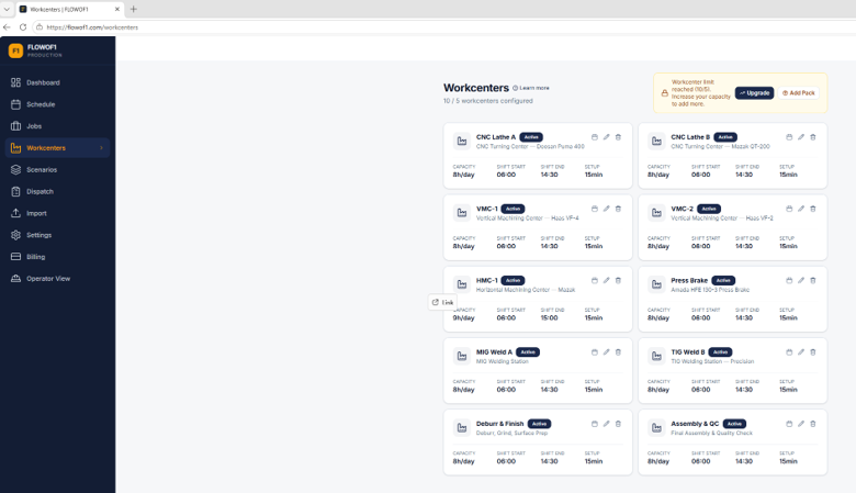 Workcenters configuration screen