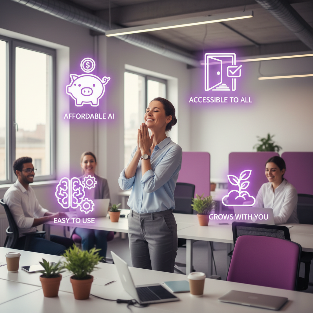 Small business owner looking reassured as AI myths are debunked