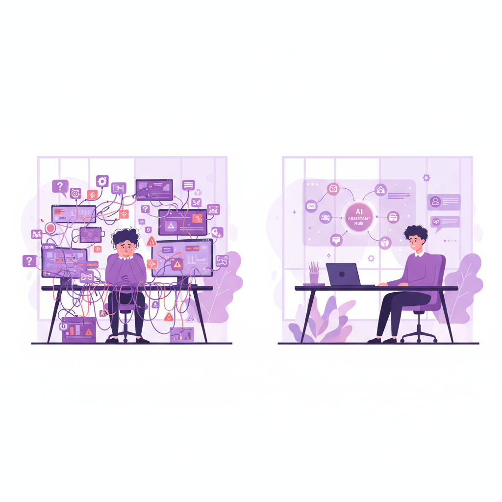Small business owner overwhelmed by disconnected AI tools contrasted with a simplified organised AI setup