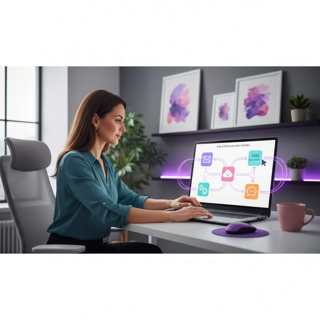 Small business owner setting up their first AI automation workflow on a laptop