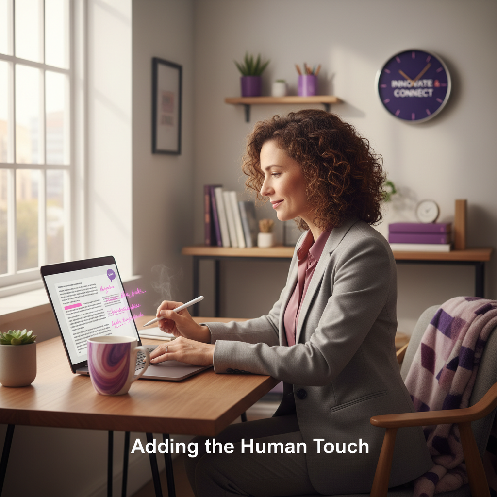 Small business owner reviewing and personalising AI-generated content before sending to customers