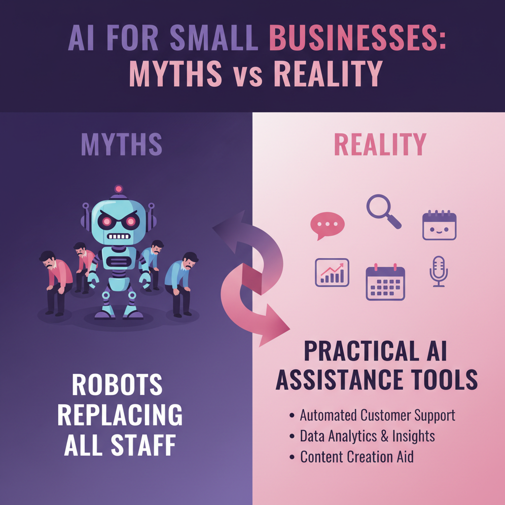 Visual comparison of myths versus reality of AI for small businesses