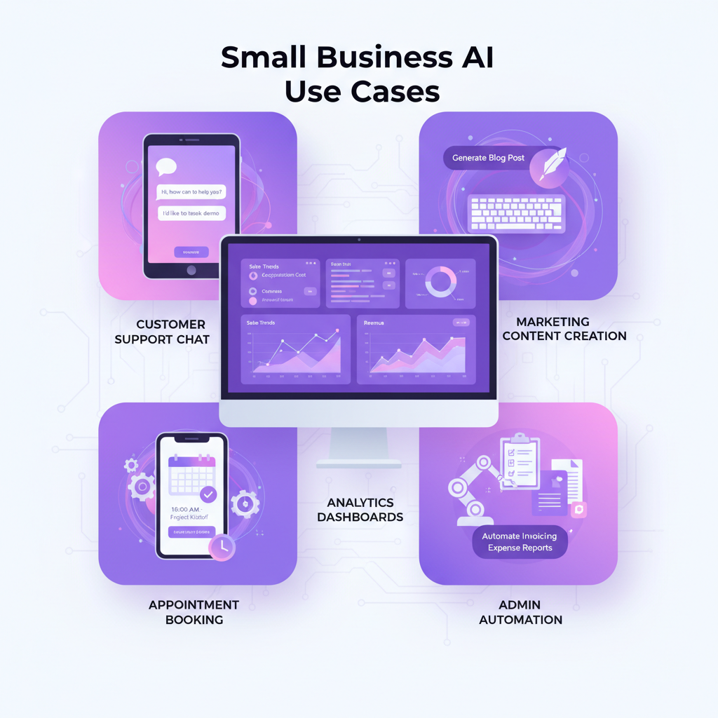 Collage of small business AI use cases including chat support, marketing, analytics and appointment booking