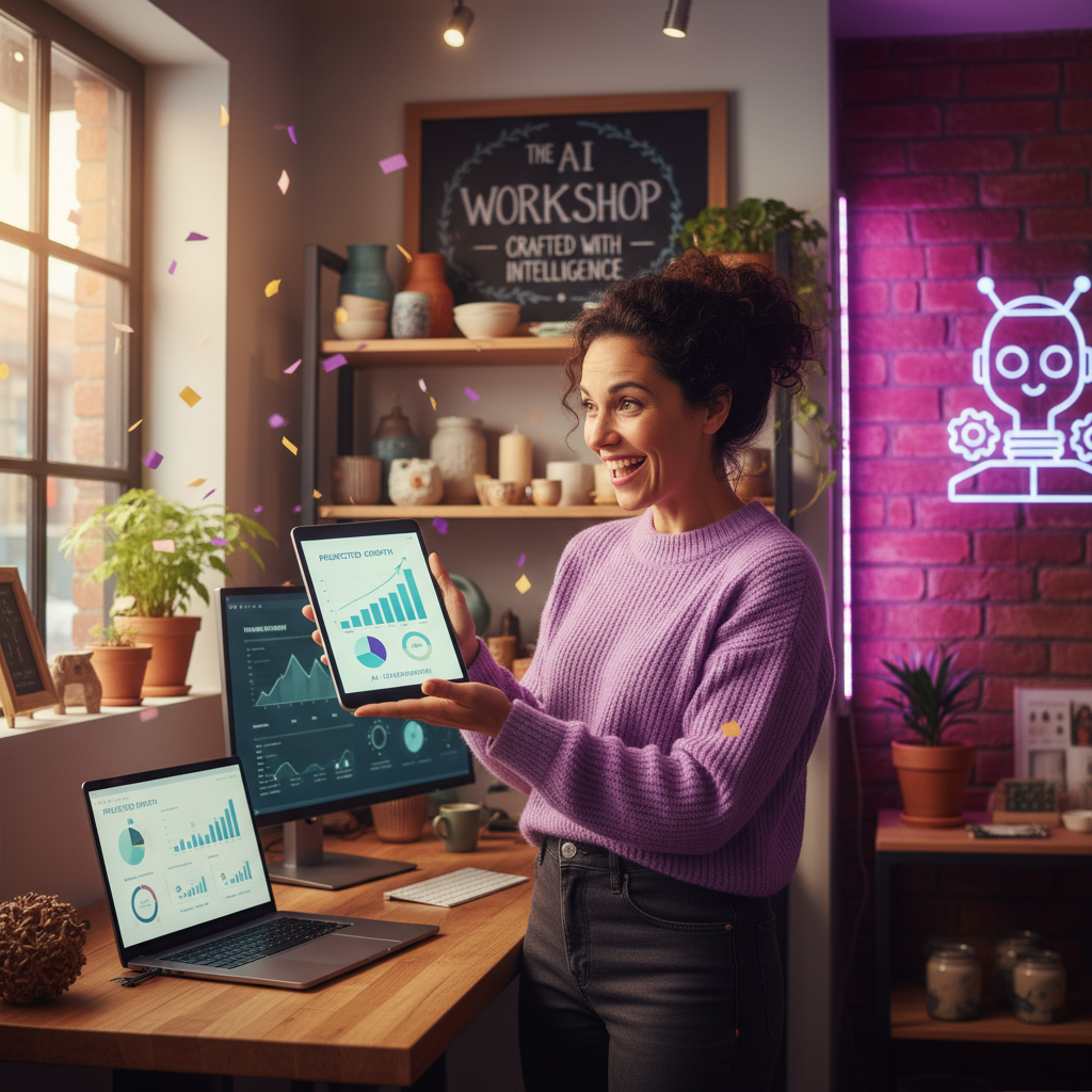 Happy UK small business owner celebrating positive results with AI