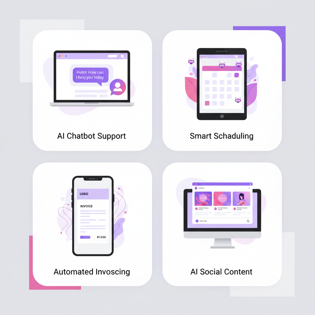 Collage of everyday AI use cases for small businesses including chatbot, scheduling, invoicing and social media