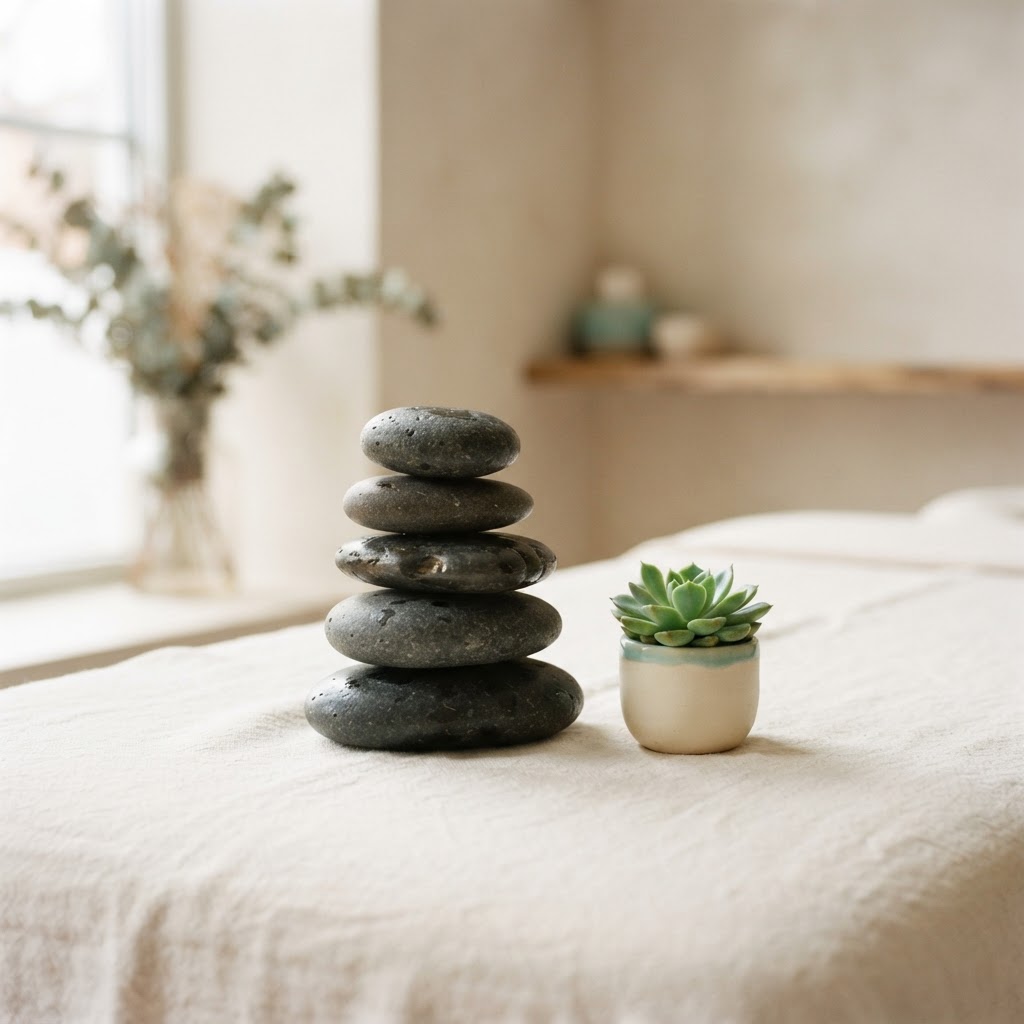 Balanced river stones representing a calm, grounded approach to change and healing