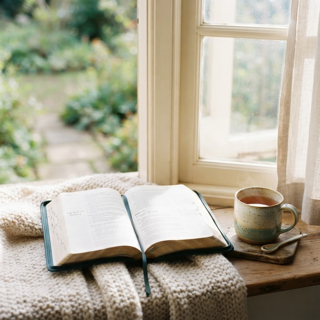 An open Bible by a sunlit window, representing faith and spiritual reflection