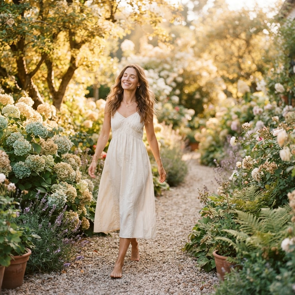 A woman walking peacefully along a sunlit garden path, representing a healing journey