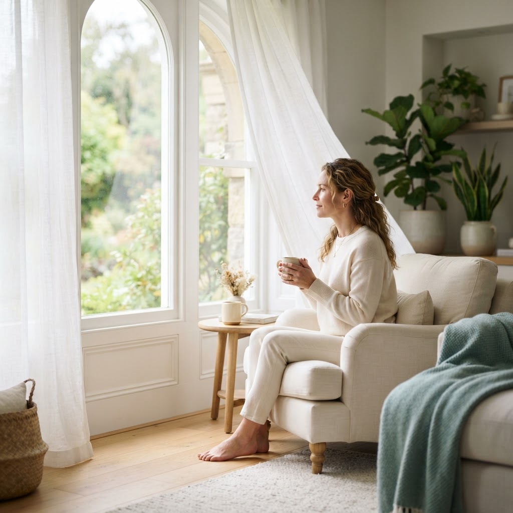 A serene, peaceful scene representing the journey from stress to serenity