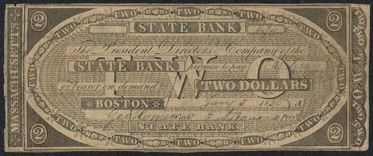 A two-dollar bank note of the State Bank in Boston, Massachusetts, dated 1830, with ornate engraved borders and the word TWO across its face.